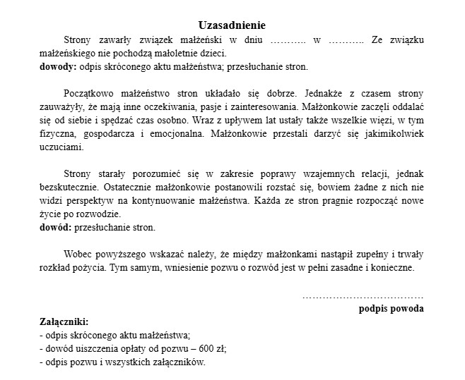 Wzór uzasadnienia pozwu o rozwód bez orzekania o winie